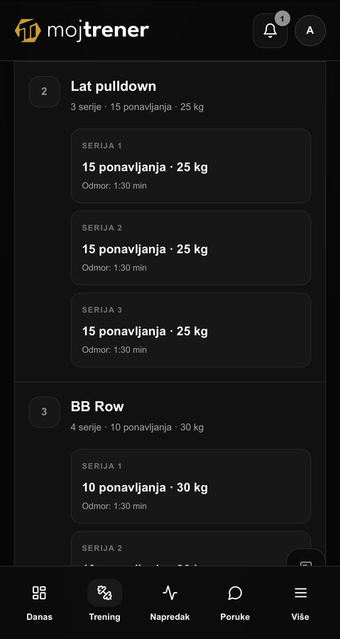 Prikaz plana treninga po vježbama u mojtrener aplikaciji